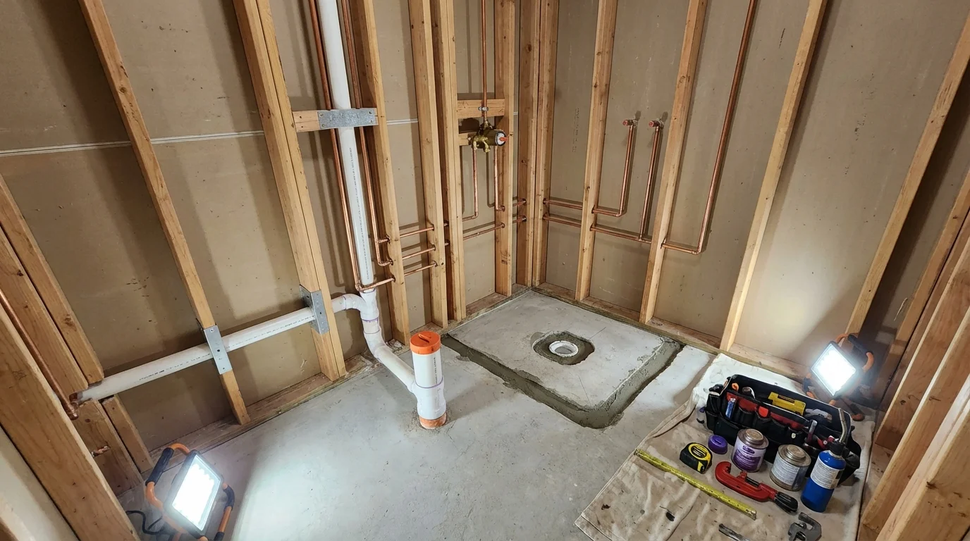 Bathroom rough-in plumbing during remodel by Johns Plumbing LLC in Beresford