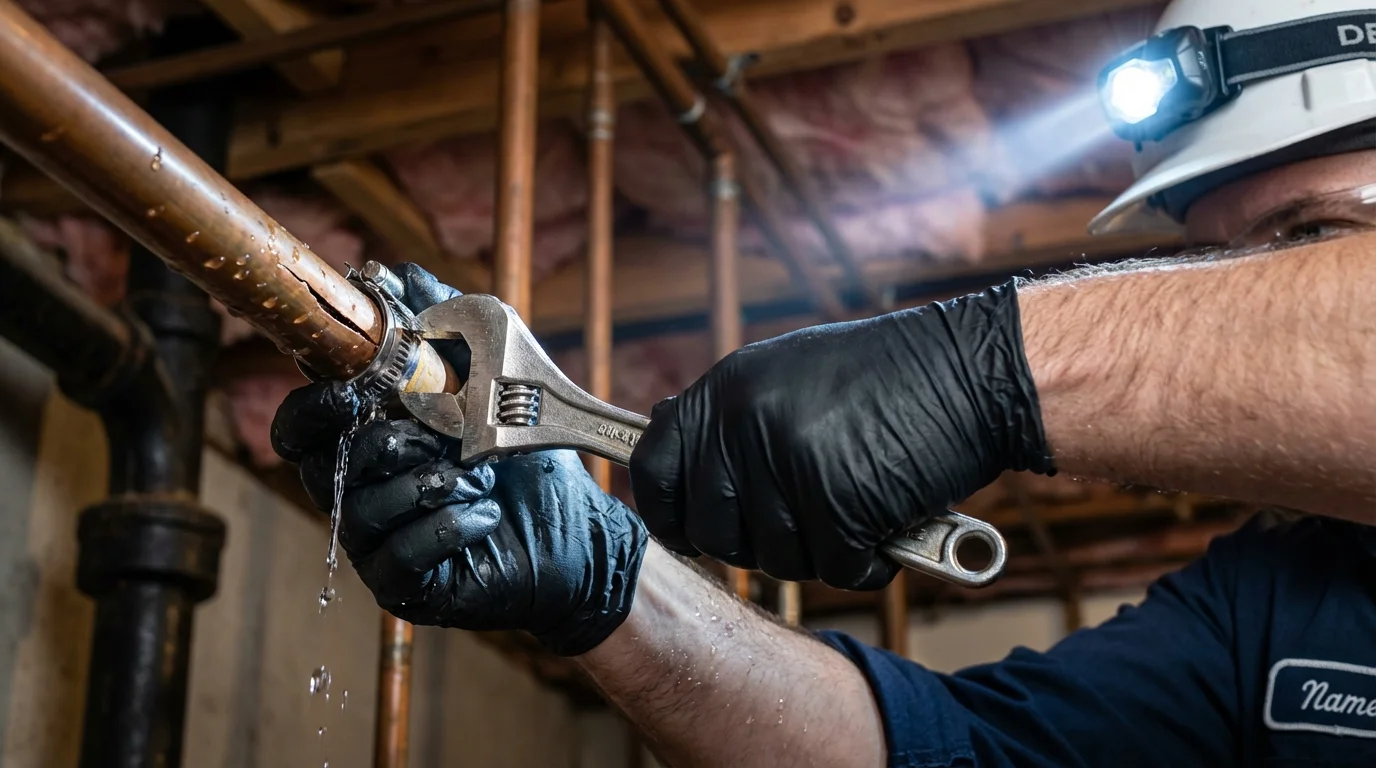 Emergency pipe clamp repair being performed by a Johns Plumbing LLC plumber in Beresford