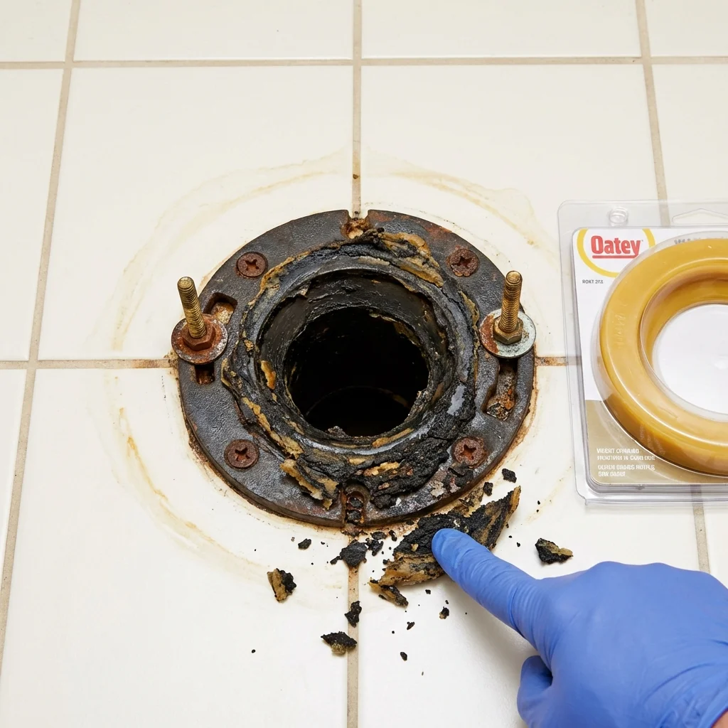 Failed wax ring showing water seepage at the base of a toilet in a Beresford, SD home