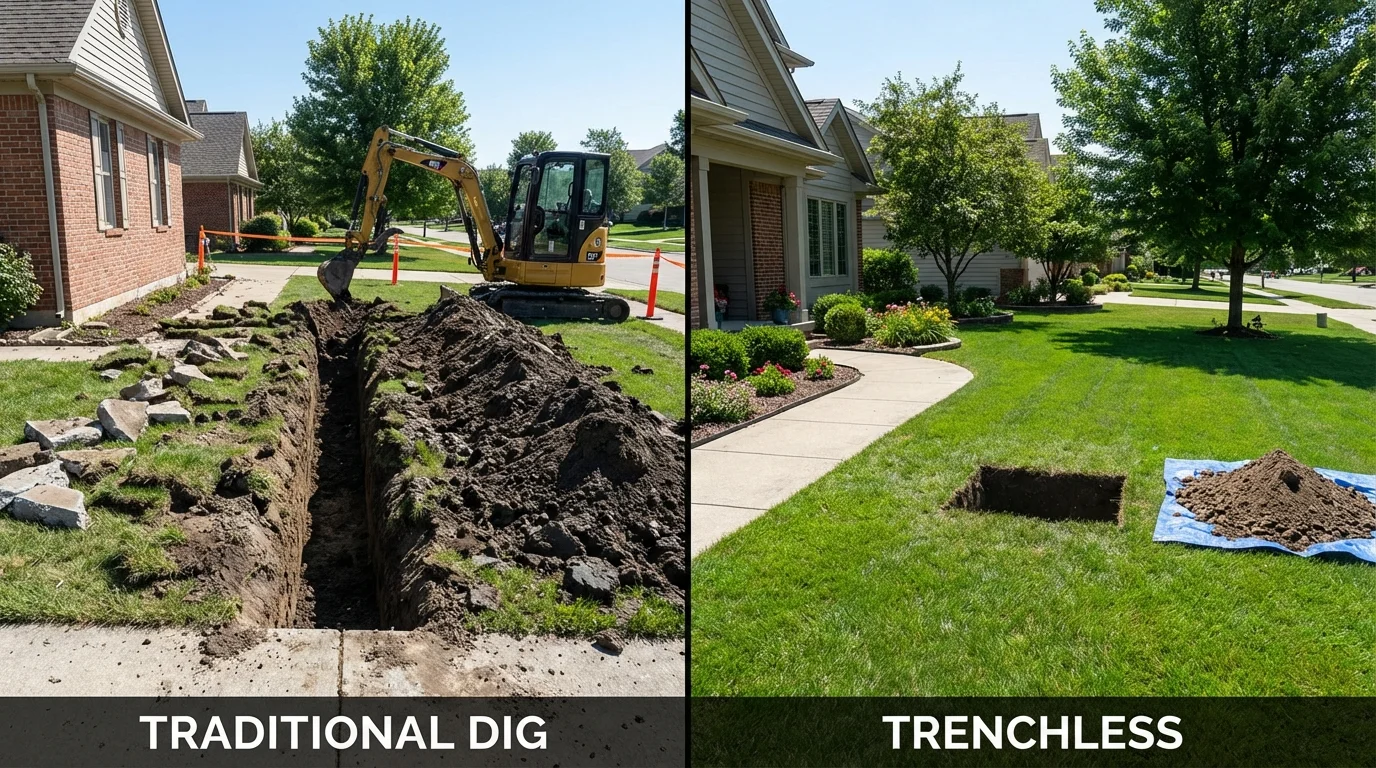 Trenchless sewer repair with minimal yard damage versus traditional excavation in Beresford, SD
